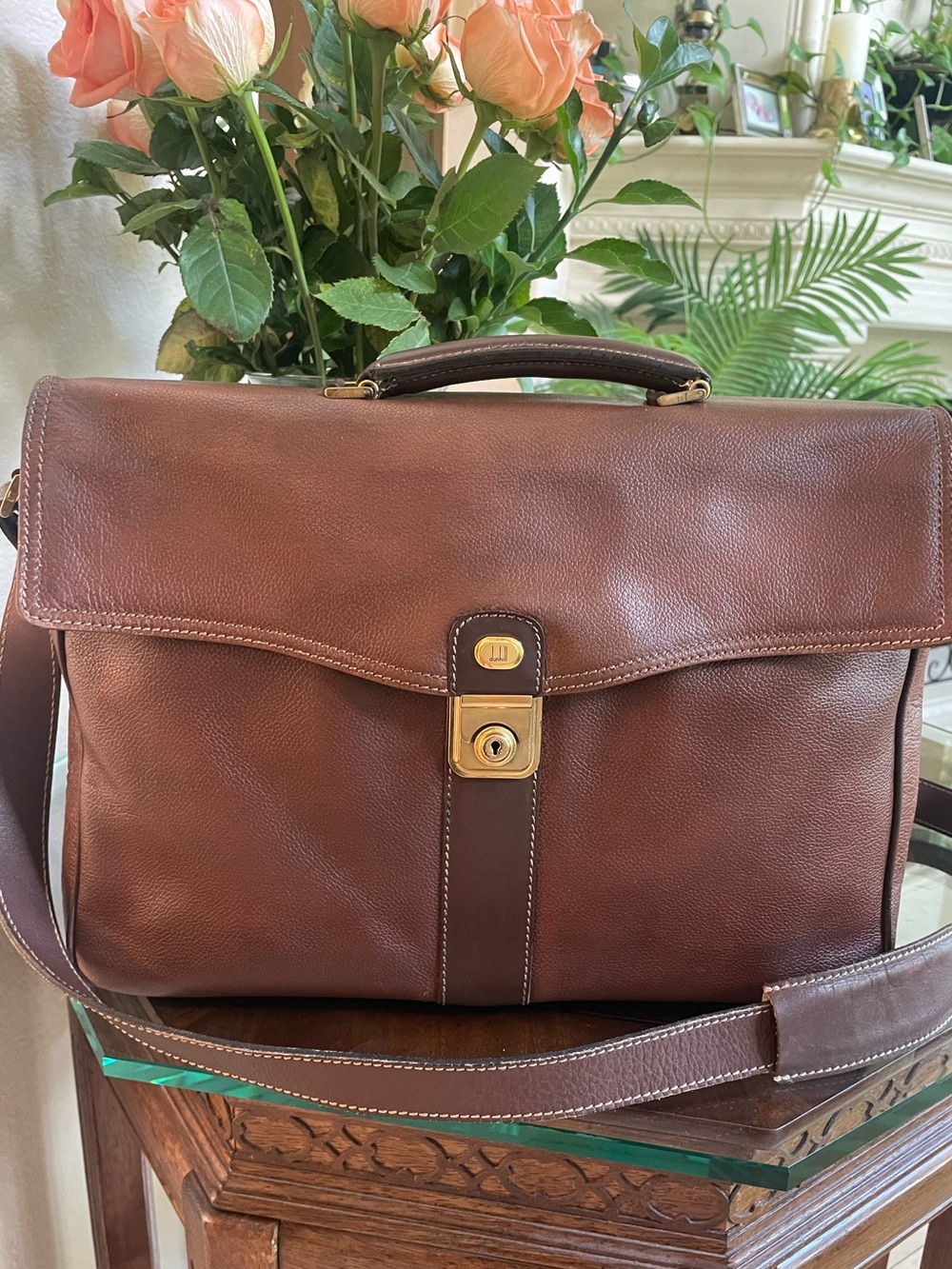 Dunhill men’s leather top handle messenger briefcase gold brown preowned